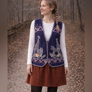Vintage Navy Embroidered Vest with Button Details